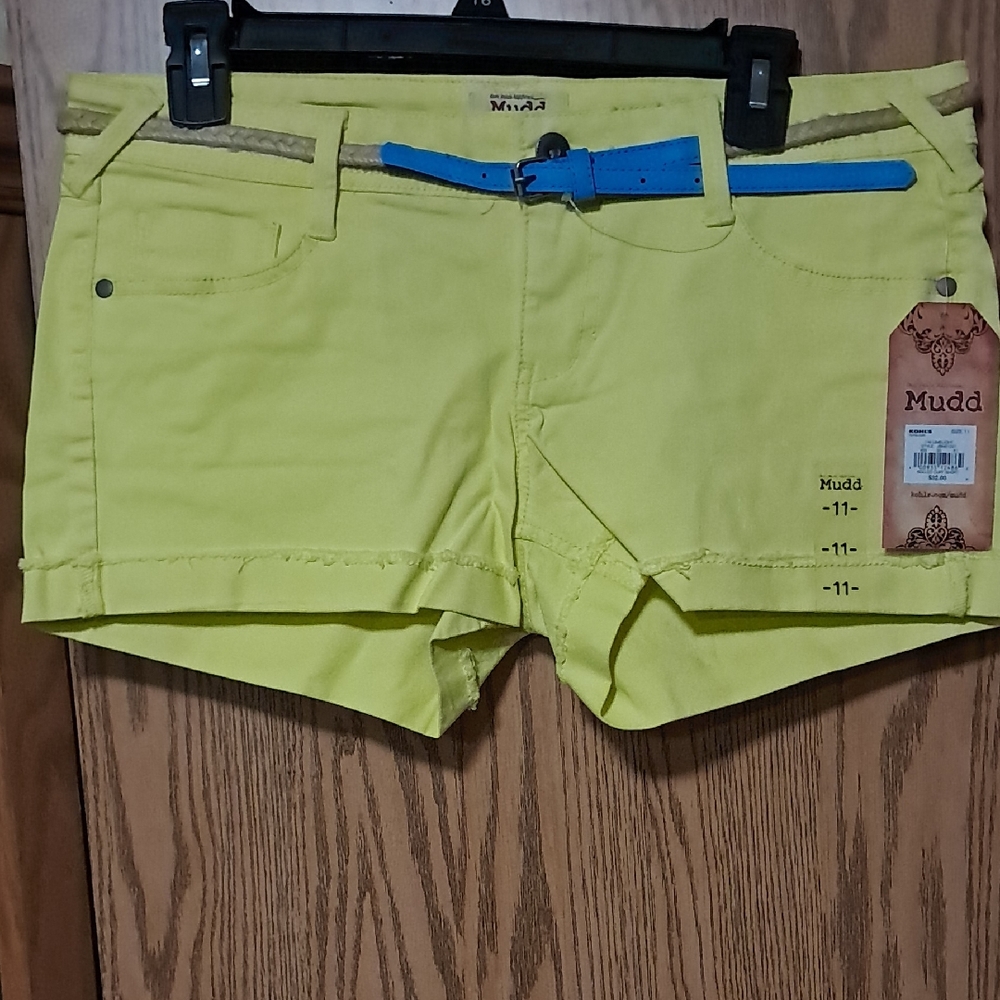 Mudd Neon Yellow Jean Shorts with Bright Blue Belt